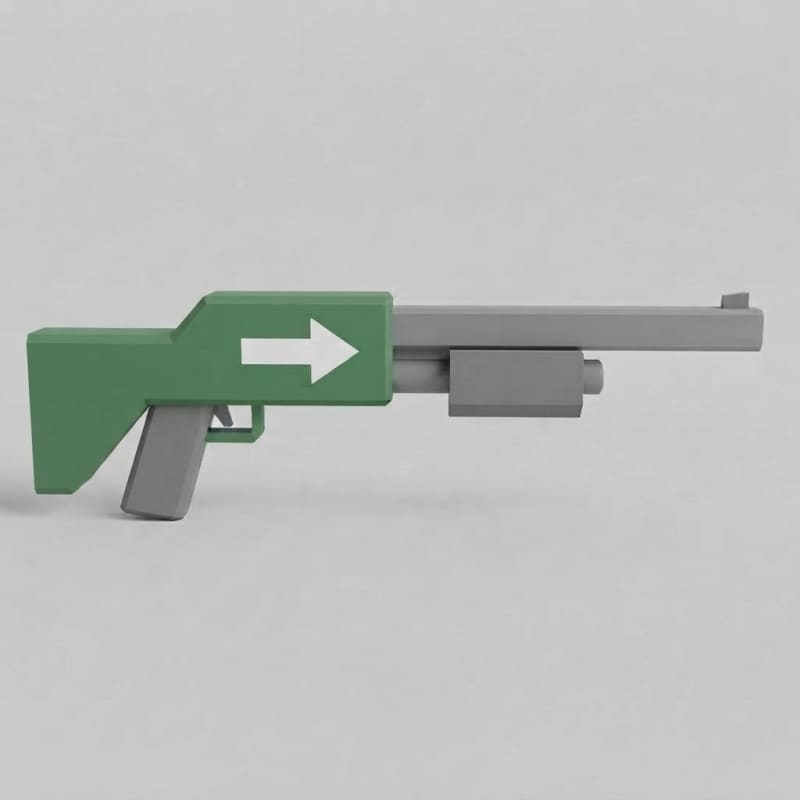Low poly cartoon pump action shotgun, green with white muzzle arrow