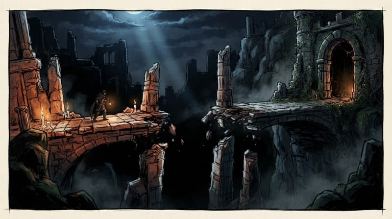 Collapsed bridge over abyss