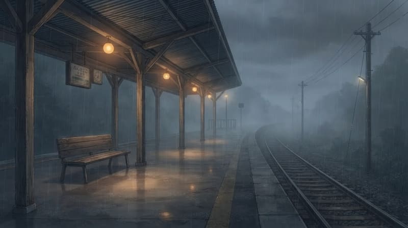 A rain-soaked train platform