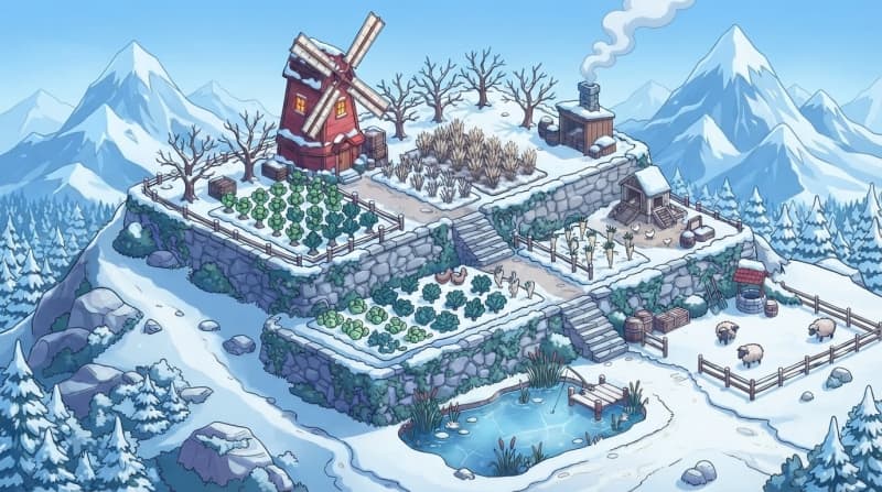 Snowy mountain plateau farm