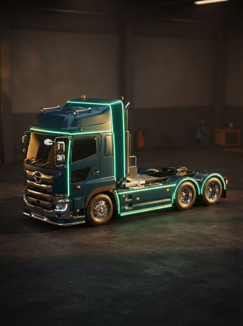Truk modern dengan lampu neon hijau