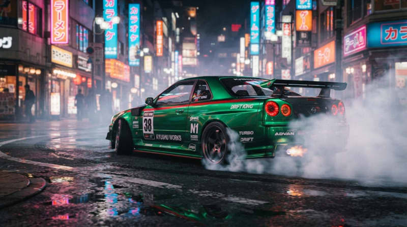 Drift through neon downtown streets