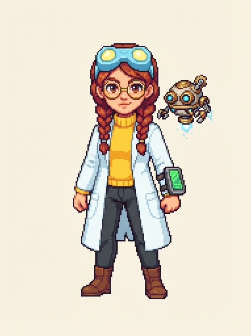 Científica joven con androide