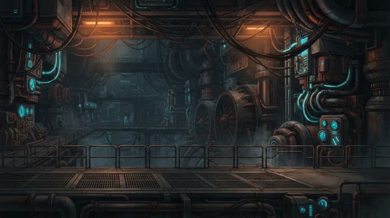 Image: 2D side-scrolling game background, wide interior v
