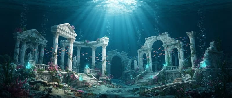 Image: Ultra wide panoramic underwater fantasy backdrop,