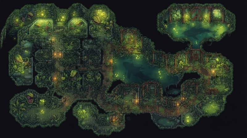 An overgrown greenhouse labyrinth