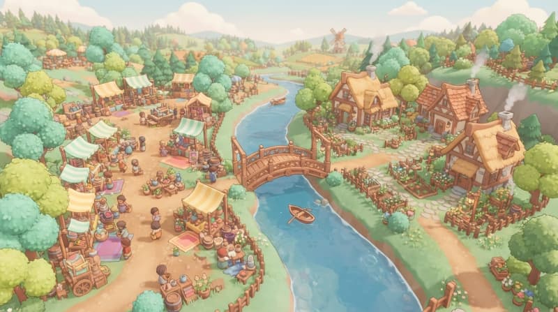 Riverside village with market bridge