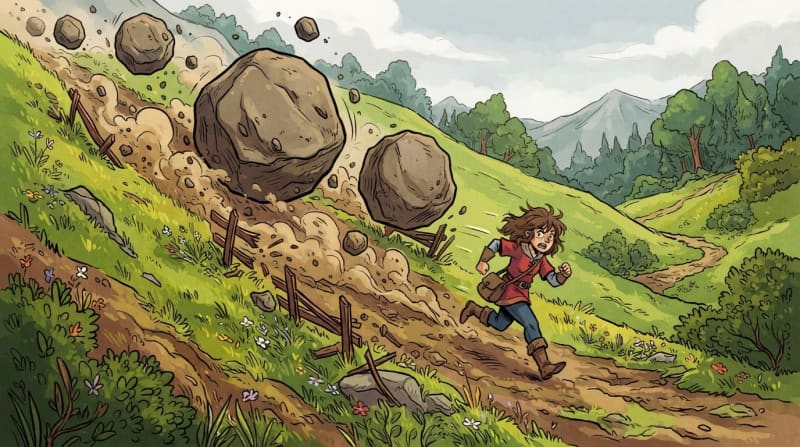 Dodge rolling boulders downhill