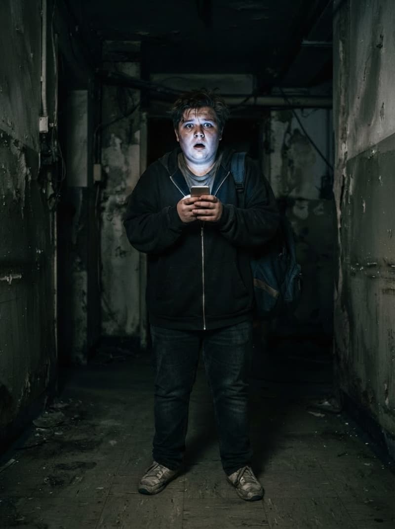 Teenage boy with a phone light