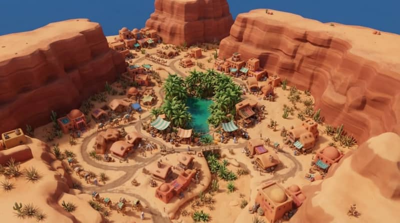 A sun-baked desert canyon trading hub