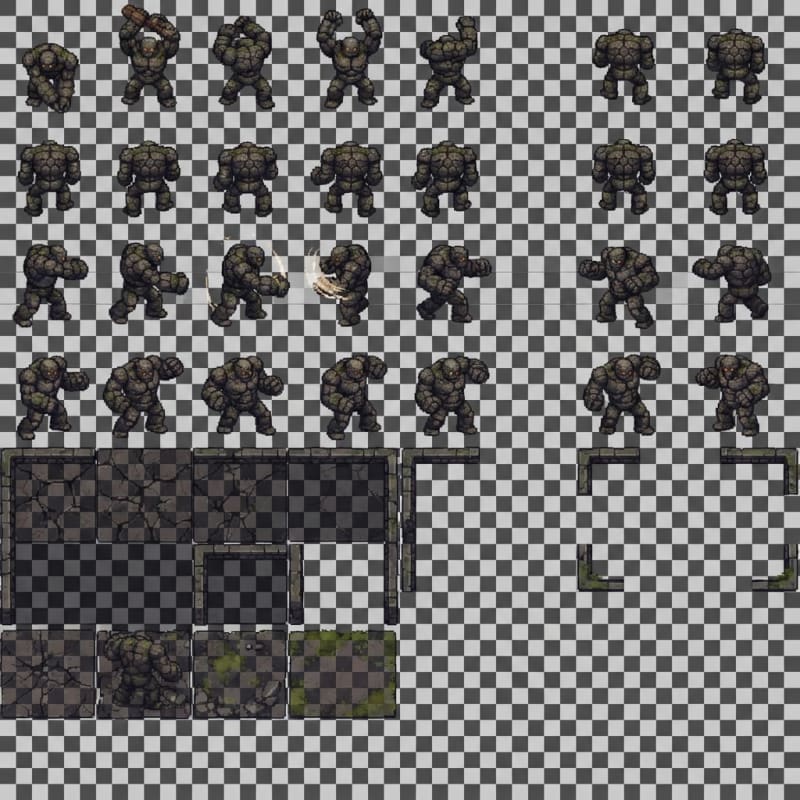 Stoney Golem - 4-direction attack sprite sheet (12x6)