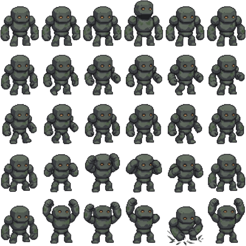 Stoney Golem — 8x3 sheet (idle / walk / attack, 8 frames each)