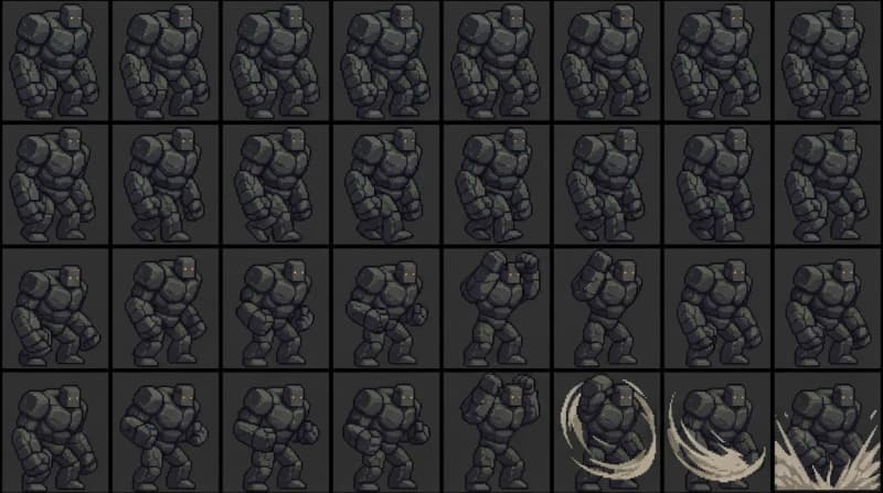 Stoney Golem 8x3 uniform grid: idle / walk / attack