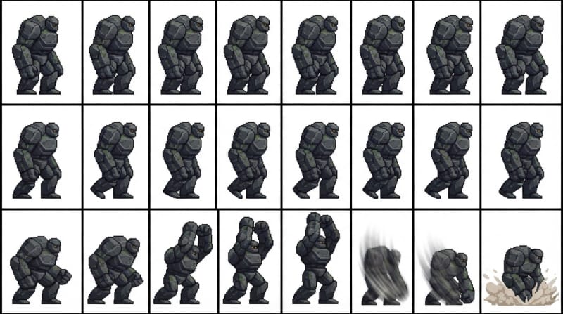 Stoney Golem 8x3 uniform grid — idle / walk / attack