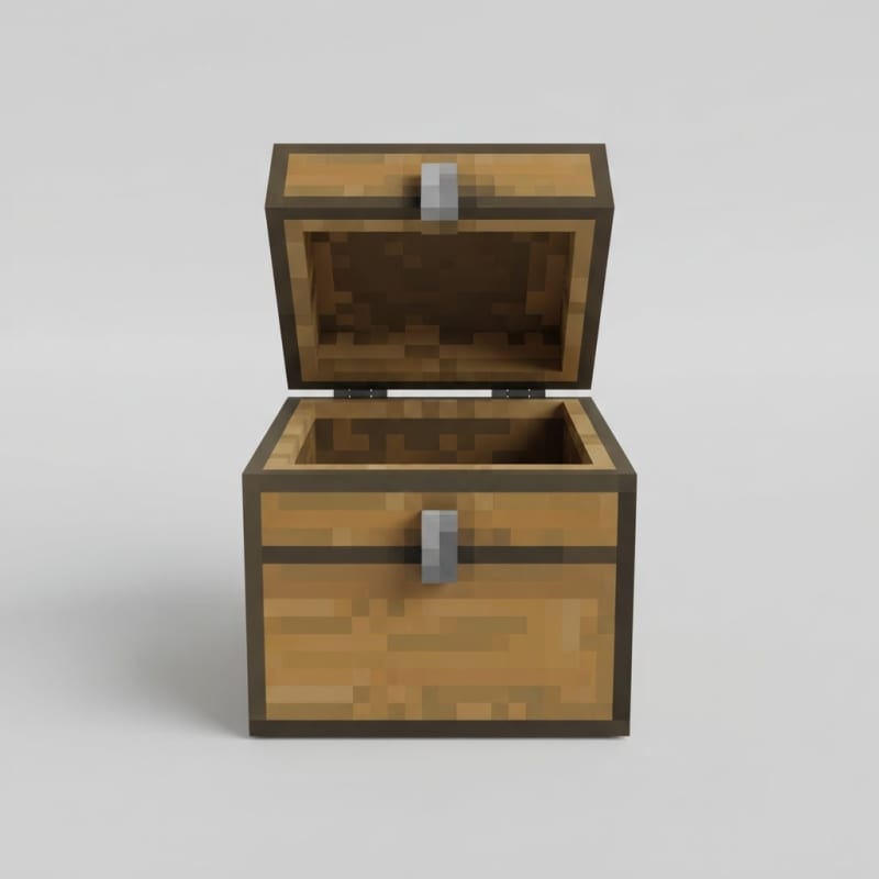 Minecraft-style wooden storage chest, blocky vo…
