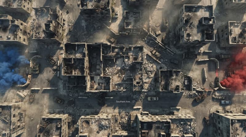 Bombed urban city block