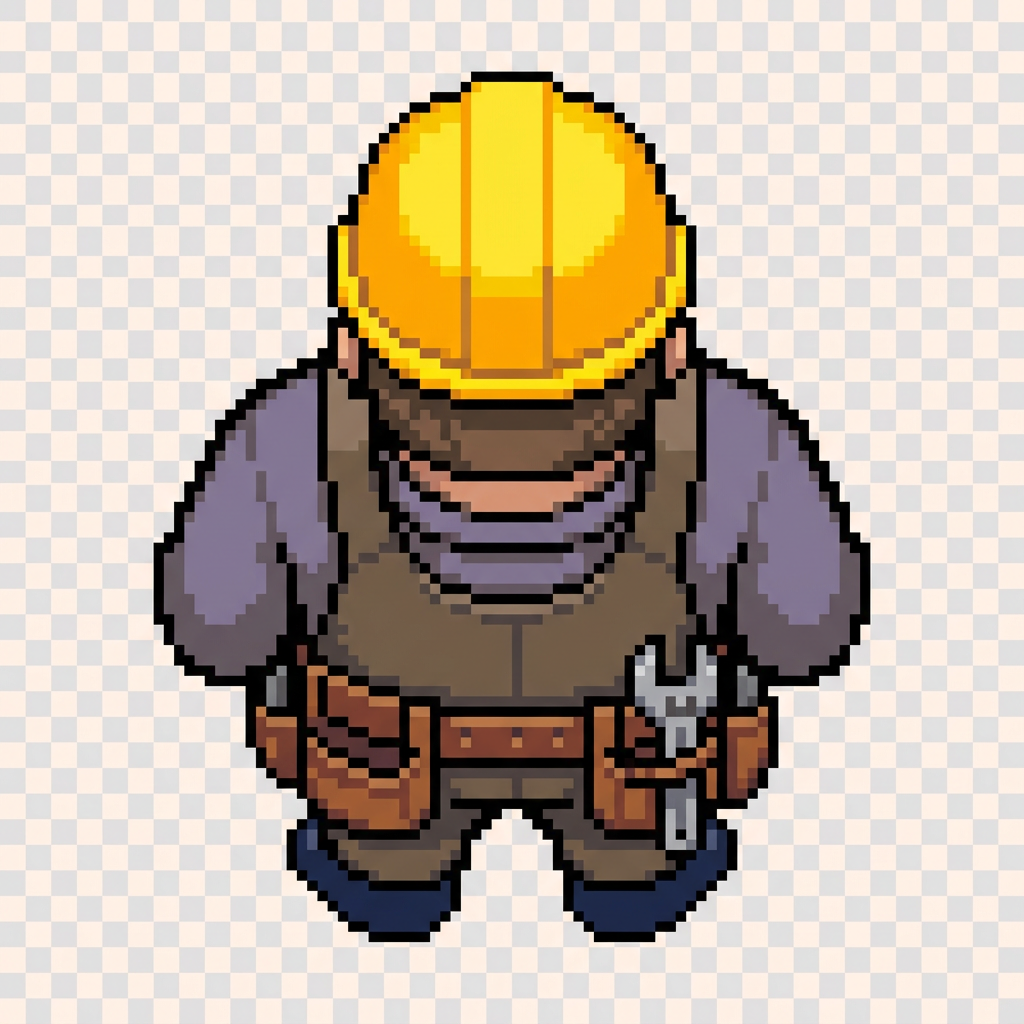 Image: pixel art top-down hero builder character sprite,