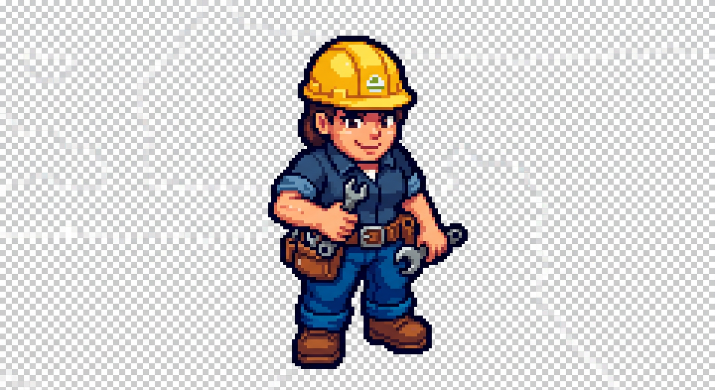 Image: pixel art top-down construction worker hero sprite