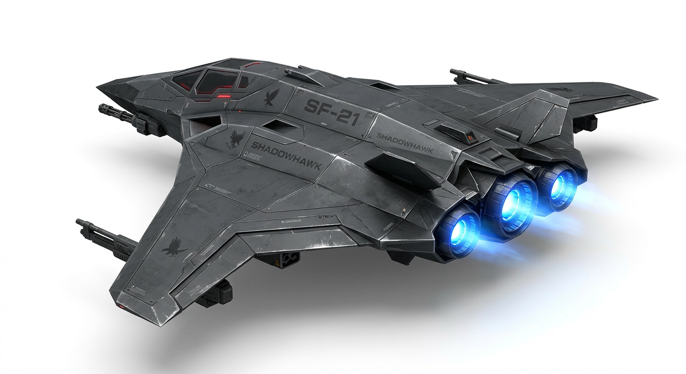 Image: dark angular sci-fi fighter spaceship, front three