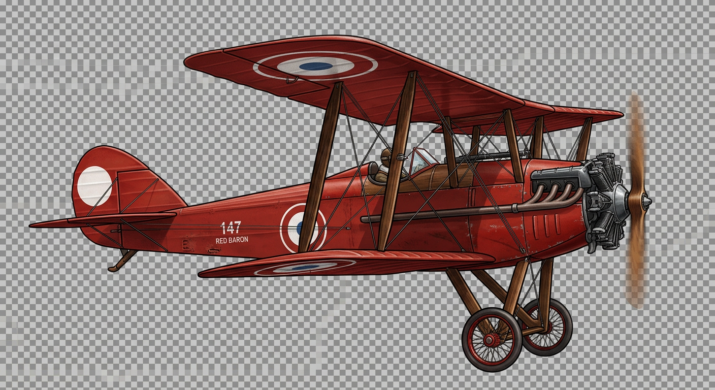 Image: WWI-era biplane aircraft, side view facing right, 