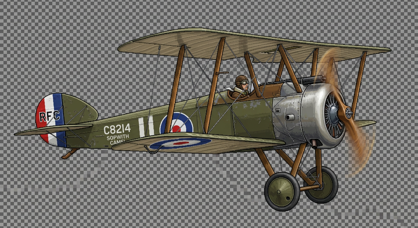 Image: WWI-era biplane aircraft, side view facing right, 