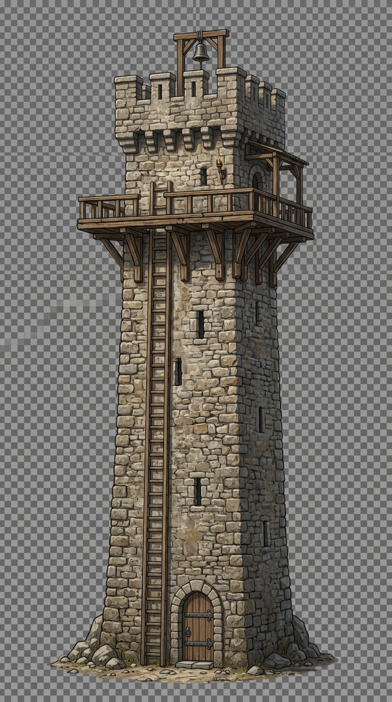 Image: Medieval stone watchtower, front view, tall narrow