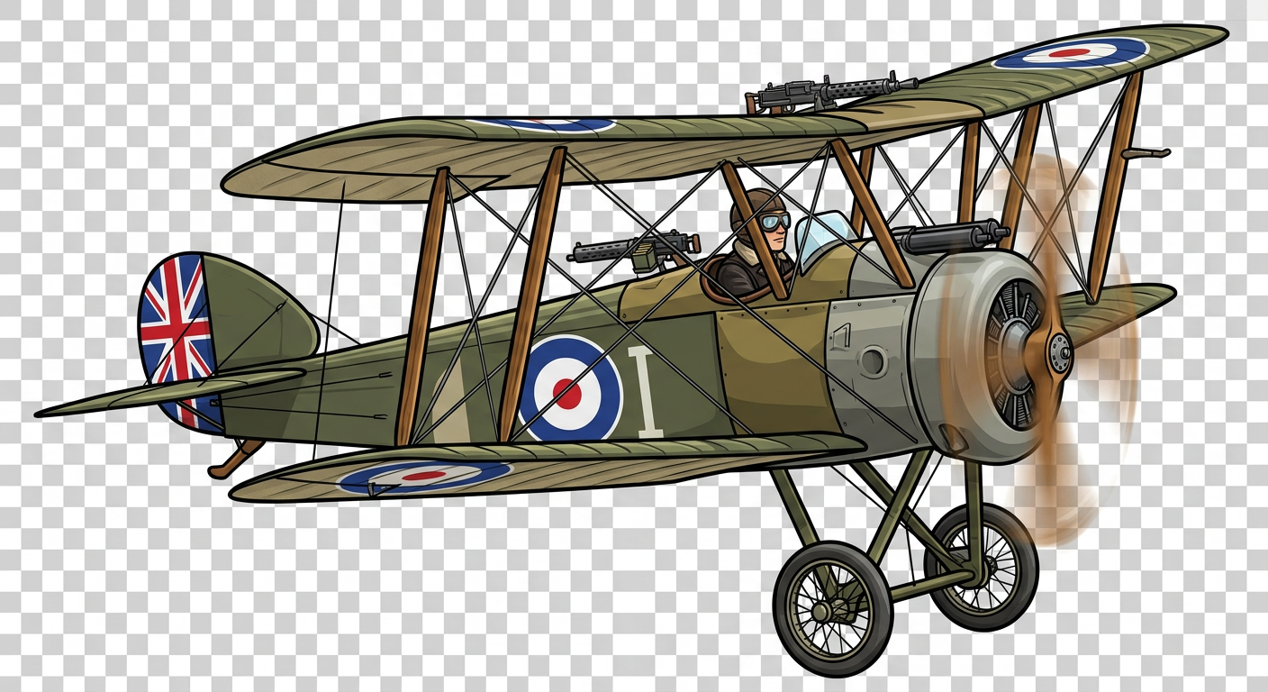 Image: WWI-era biplane aircraft, side view facing right, 