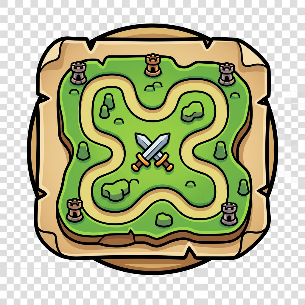 Image: Bold illustrated tower defense nav icon: a top-dow