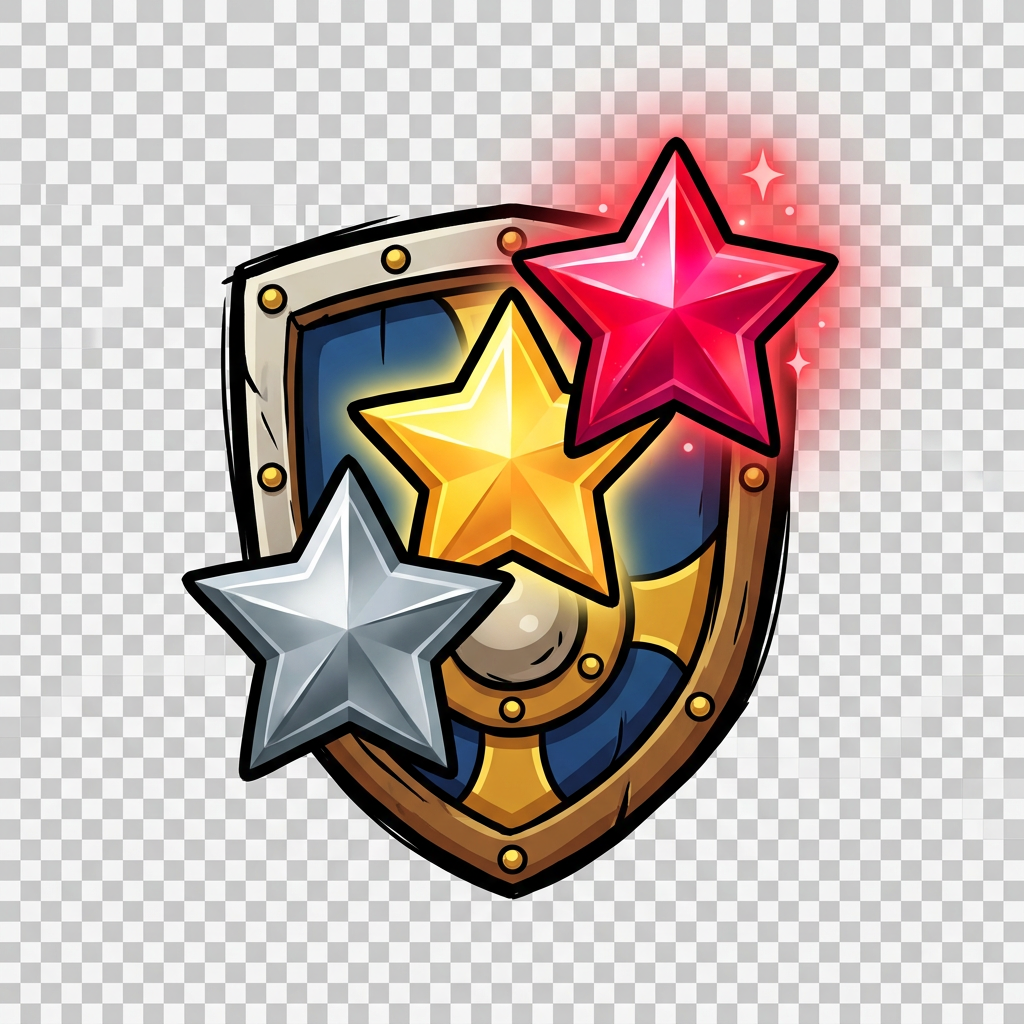 Image: Bold illustrated tower defense nav icon: three dif