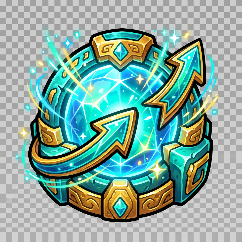 Image: Bold illustrated tower defense nav icon: a glowing