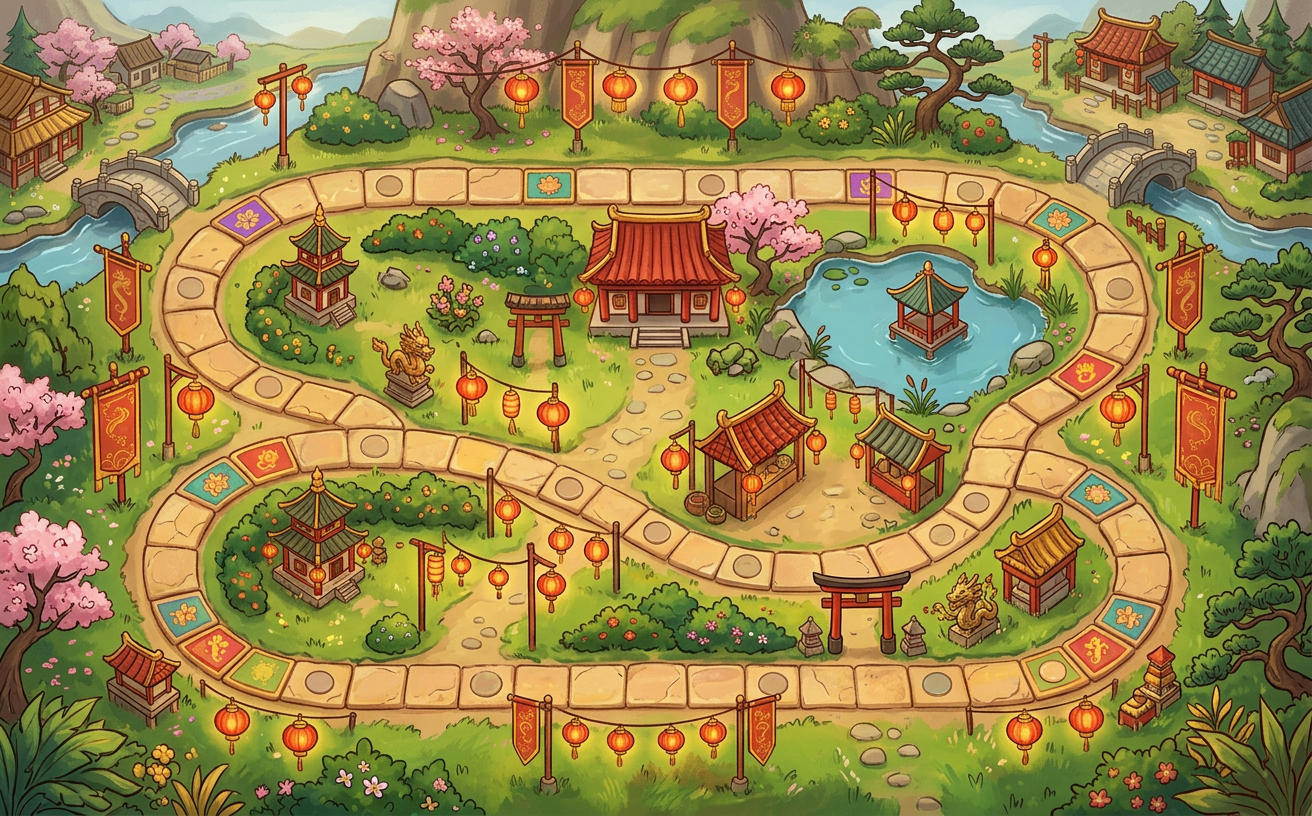 Image: A cute 2D top-down board game map background, in t