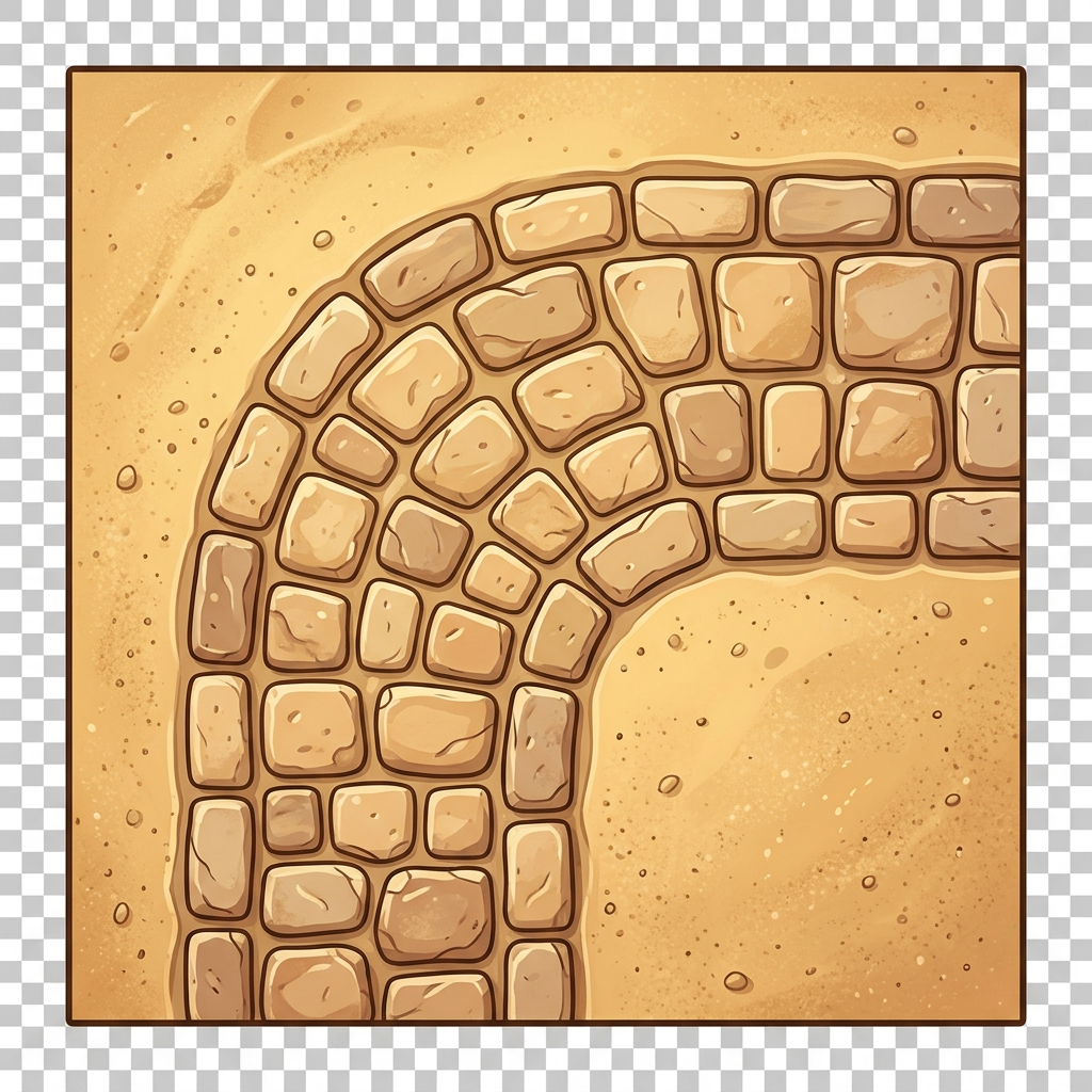 Image: top-down game tile, stone cobblestone path corner 