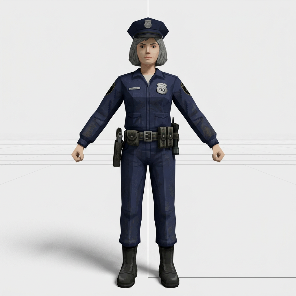 Image: Full body character concept art, low-poly PSX surv