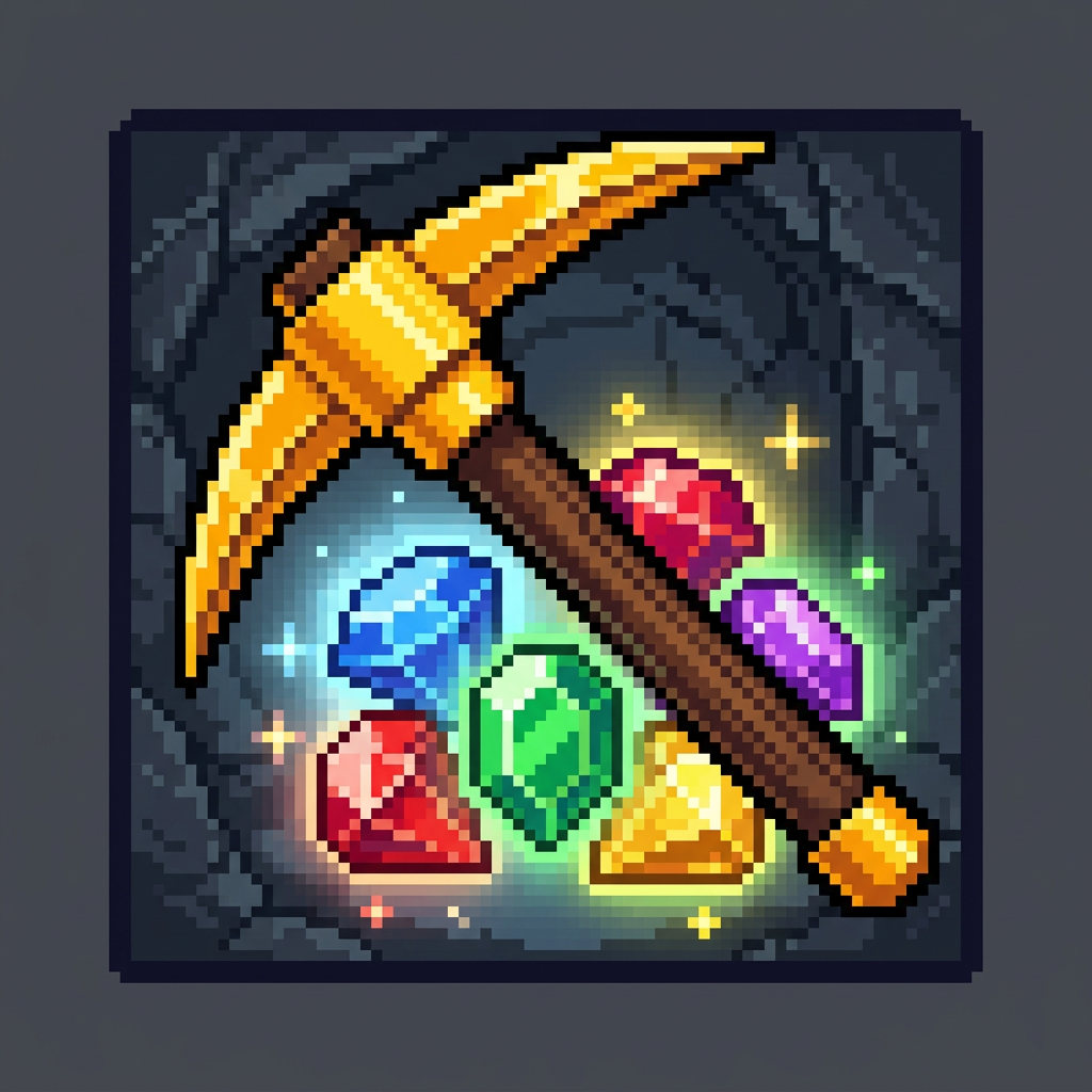 Image: pixel art RPG icon, golden pickaxe over glowing ge