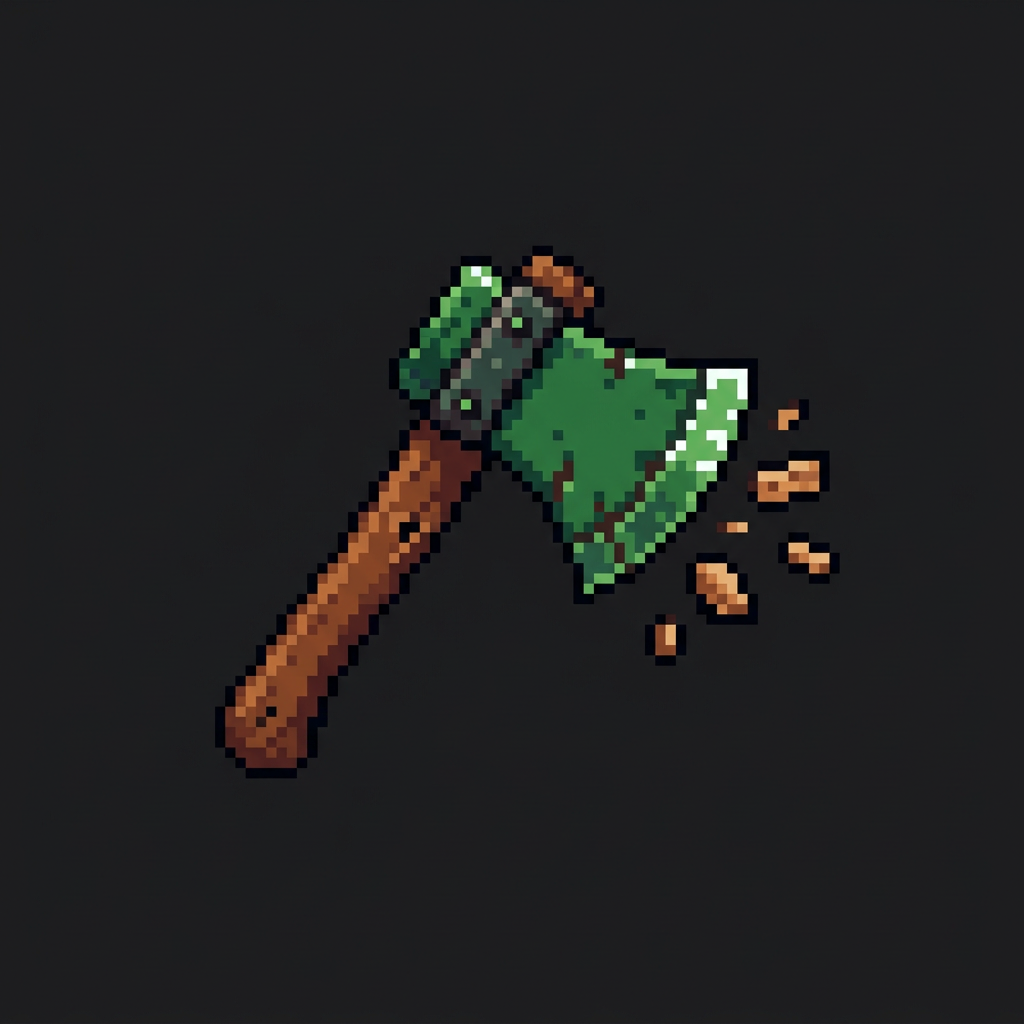 Image: pixel art RPG icon, green woodcutting axe with woo