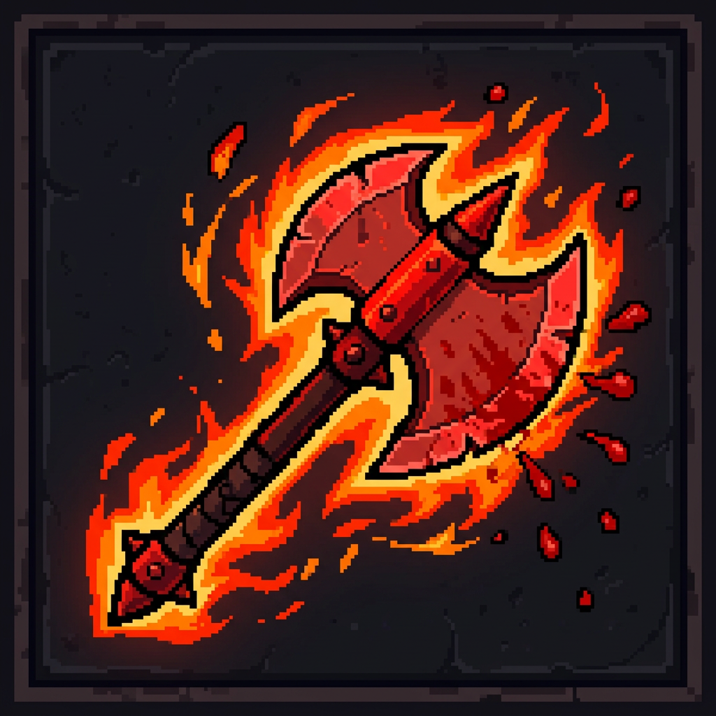 Image: pixel art RPG skill icon, red battle axe with rage