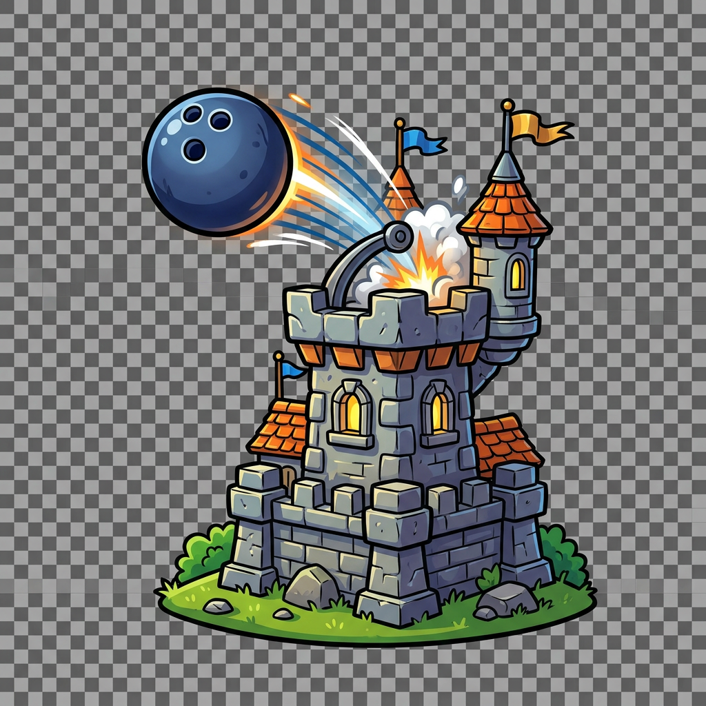 Image: A game UI icon of a tower launching a bowling ball