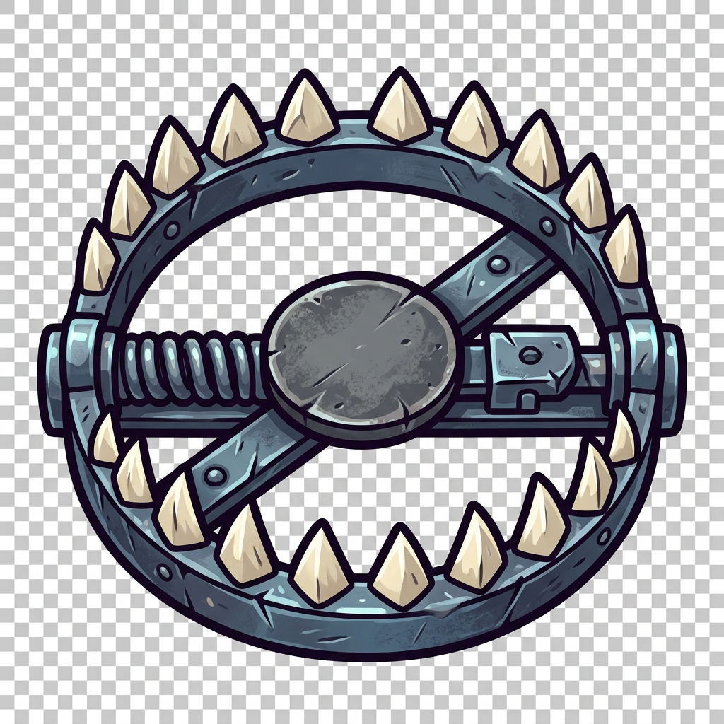 Image: A game UI icon of a metal bear trap with sharp tee