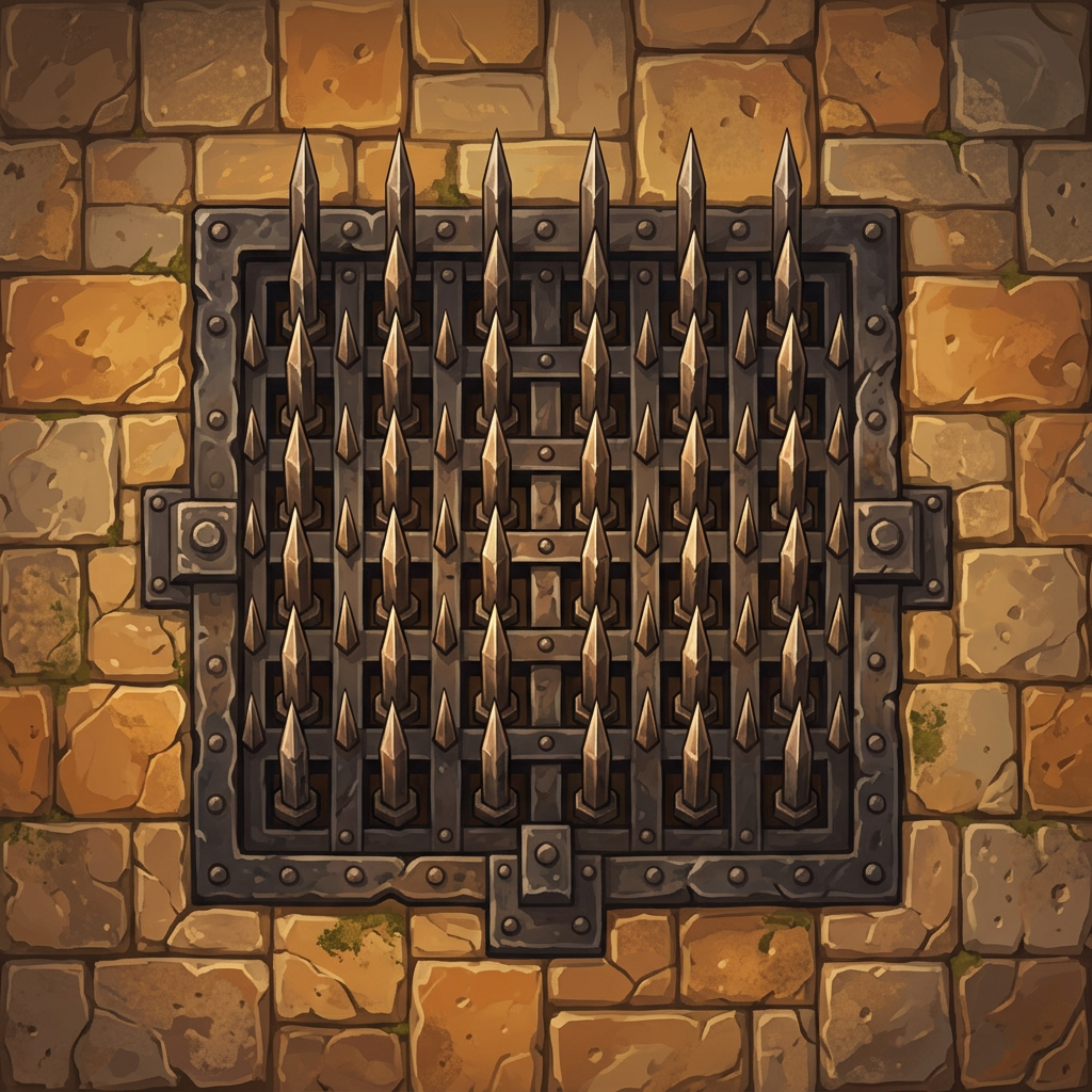 Image: a metal spike trap of sharp steel spikes pointing 