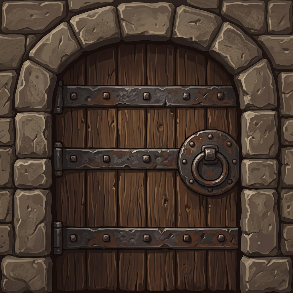 Image: a closed wooden dungeon door with iron bands and a