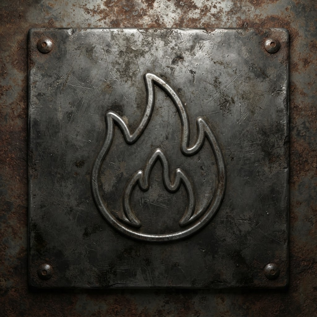 Image: A small worn square industrial metal placard plate
