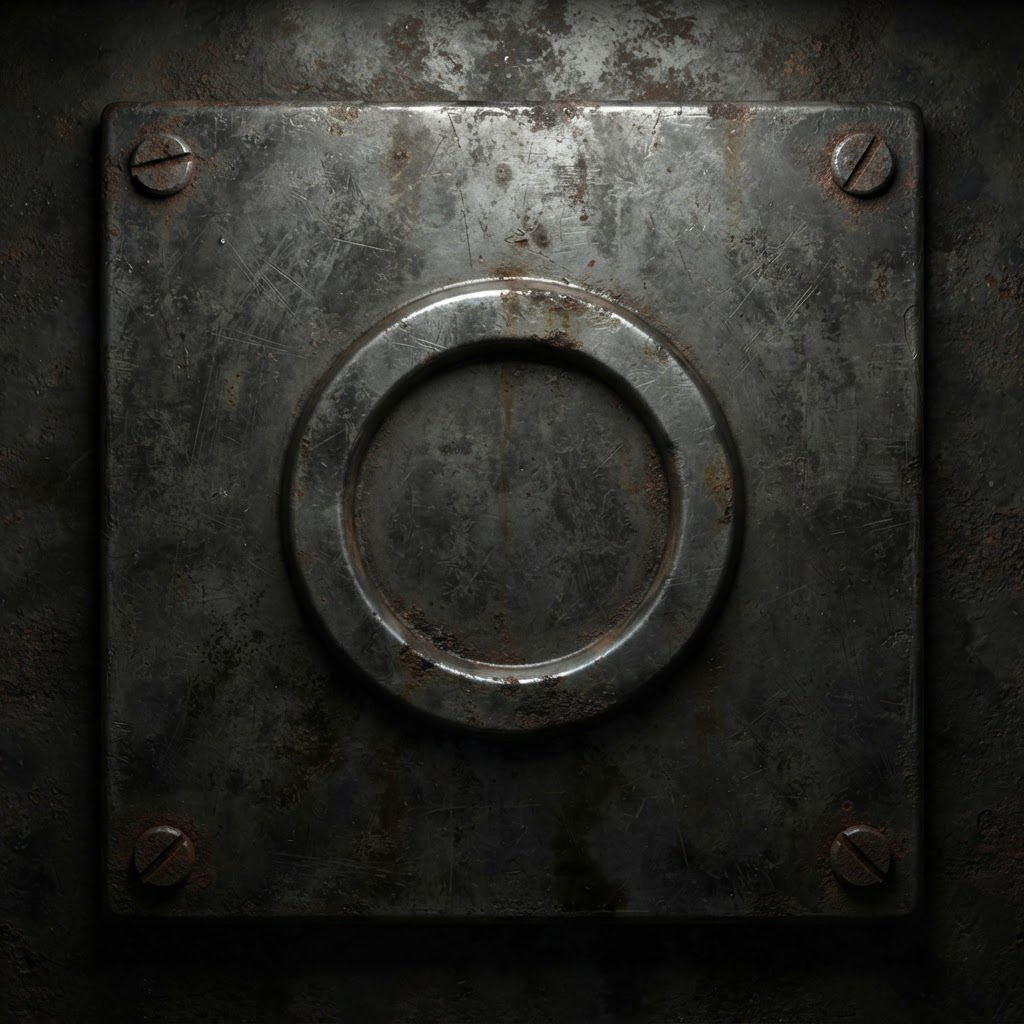 Image: A small worn square industrial metal placard plate
