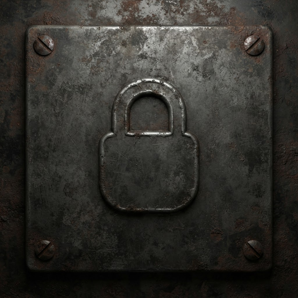 Image: A small worn square industrial metal placard plate