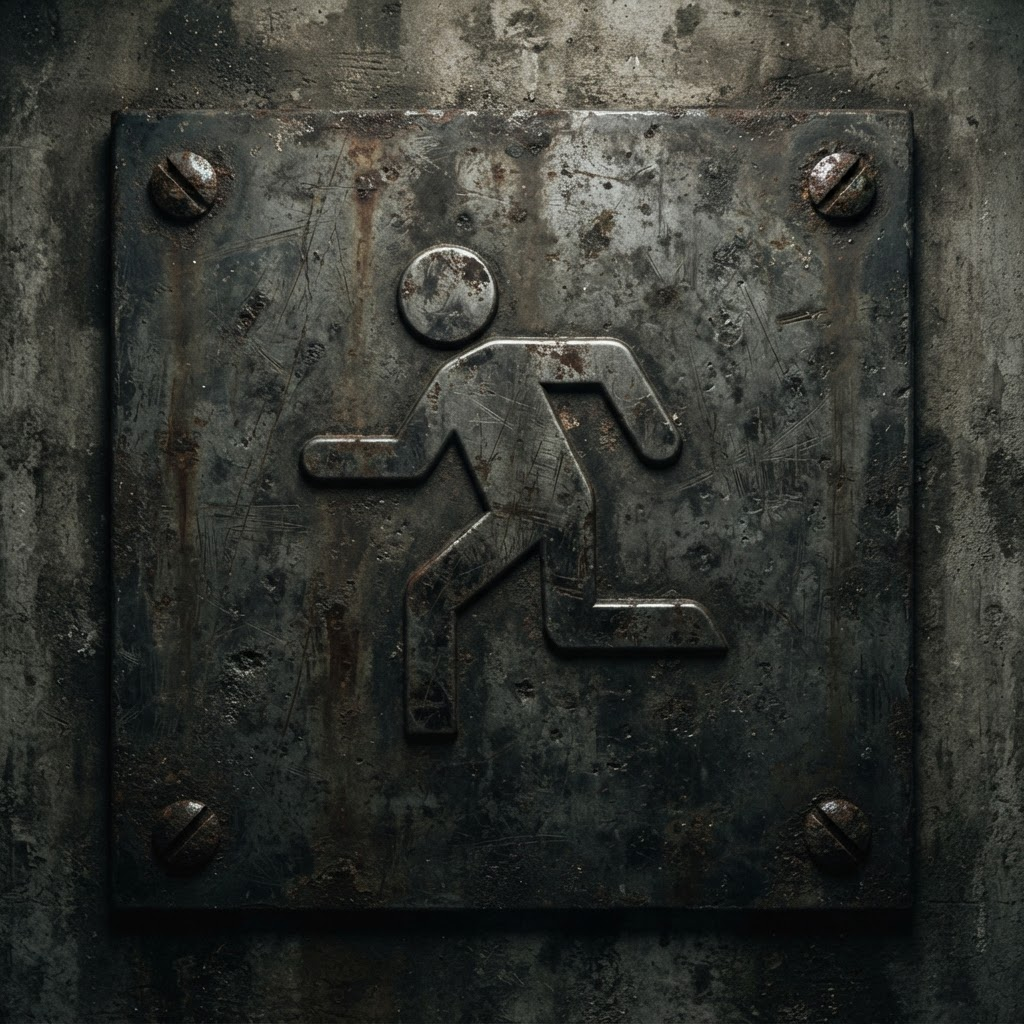 Image: A small worn square industrial metal placard plate