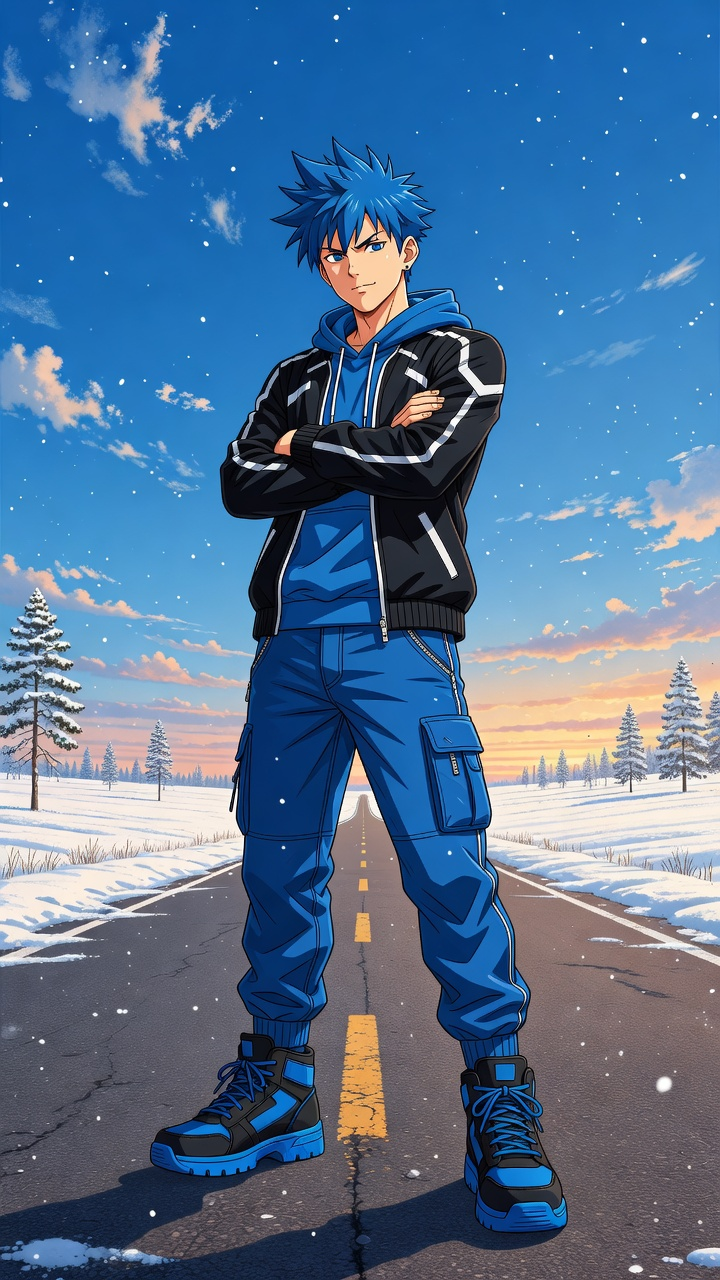 Character on Snowy Road