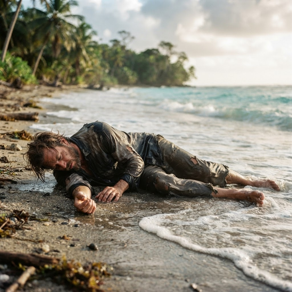 Image: A single castaway person washed up on a sandy isla
