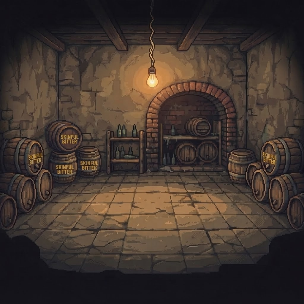 Image: Same post-apocalyptic UK pub-cellar pixel-art scen