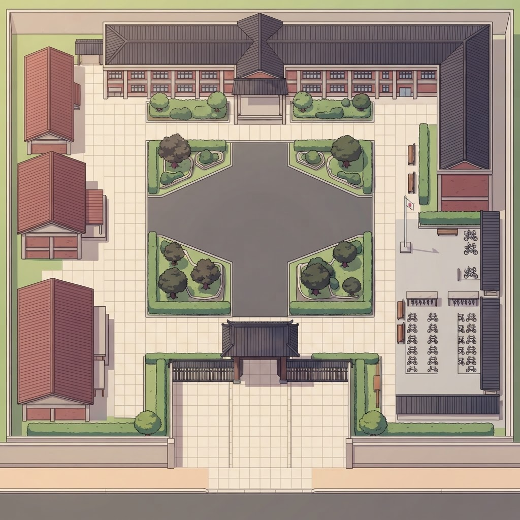 Image: Top-down 2D game background, bird's-eye view of a 