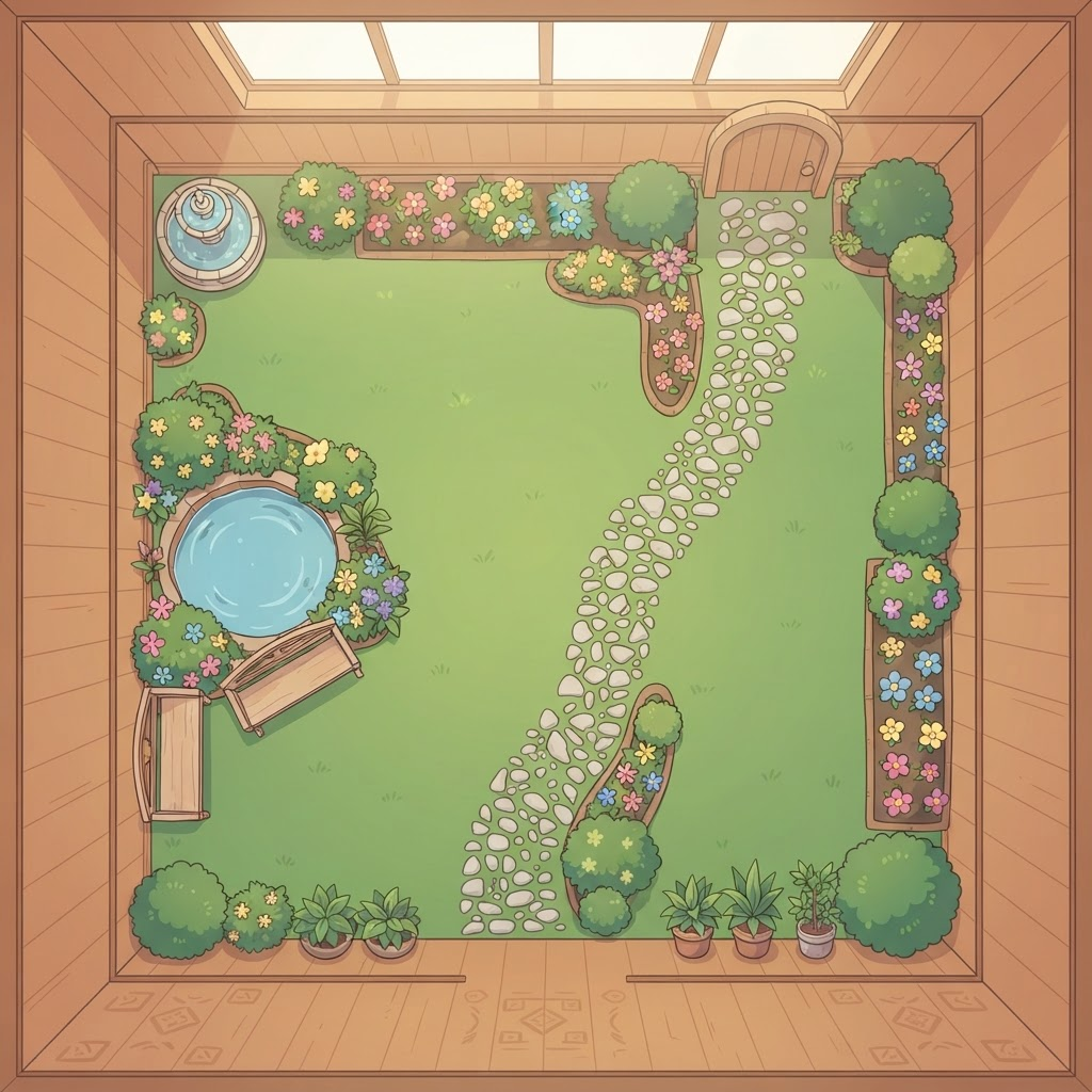 Image: Top-down 2D game background, bird's-eye view of a 