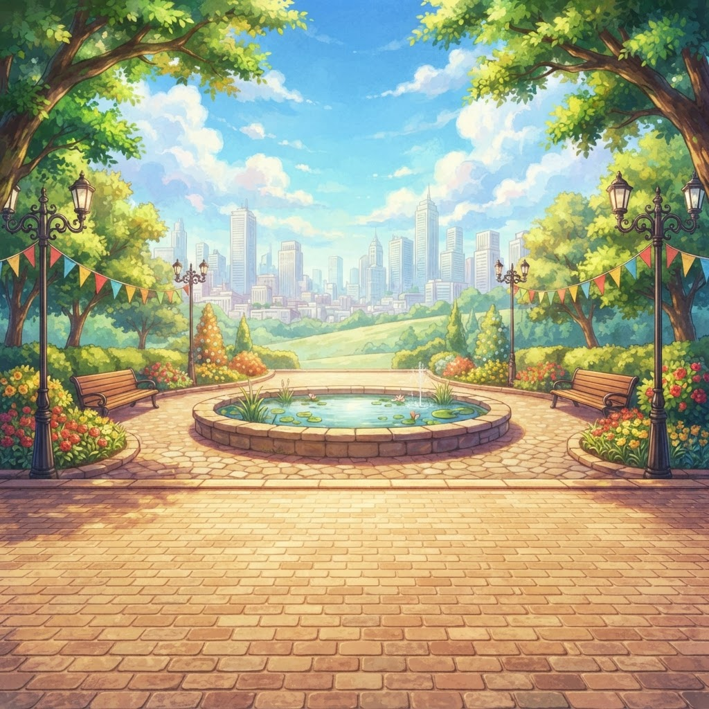 Image: A vibrant anime-style park background for a 2.5D s